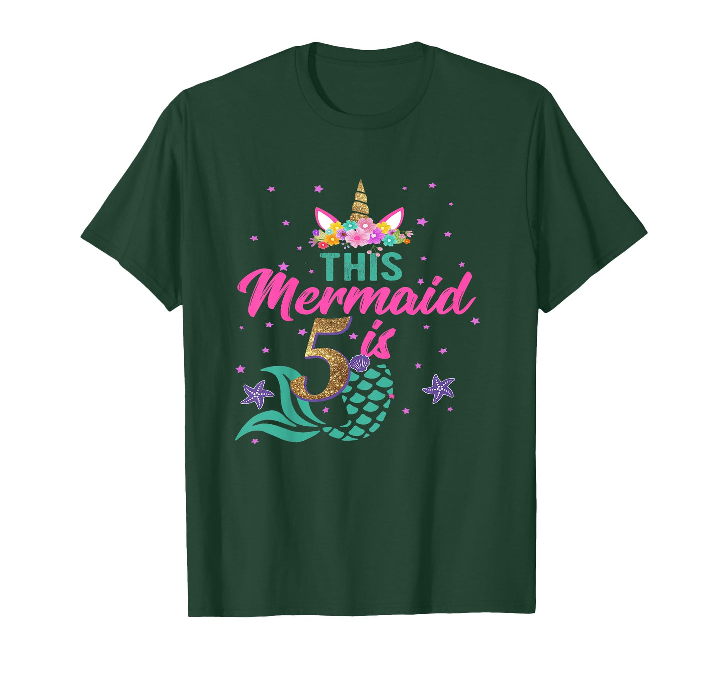 5th Birthday Girl Unicorn Shirt Mermaid Tail 5 Years Old T-Shirt