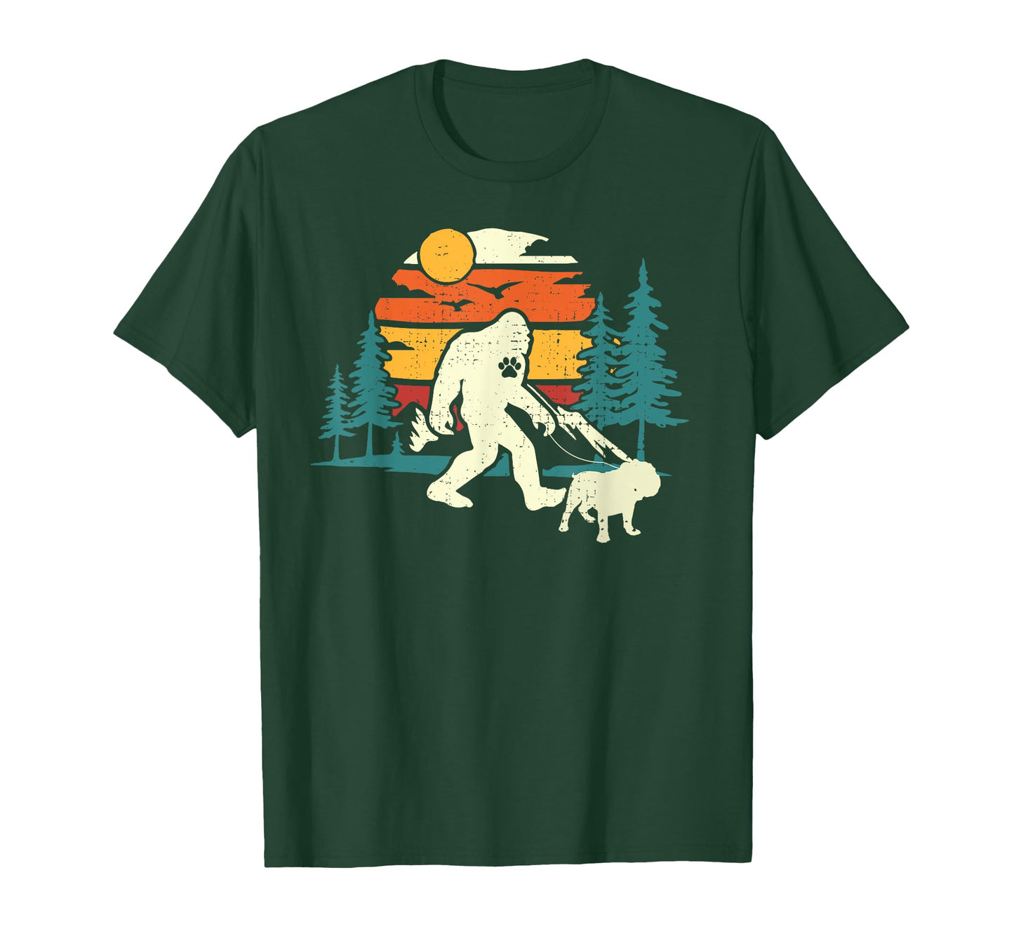 Retro Bigfoot Walking English Bulldog Dog Walker Sasquatch Men Women Girls Kids T-Shirt