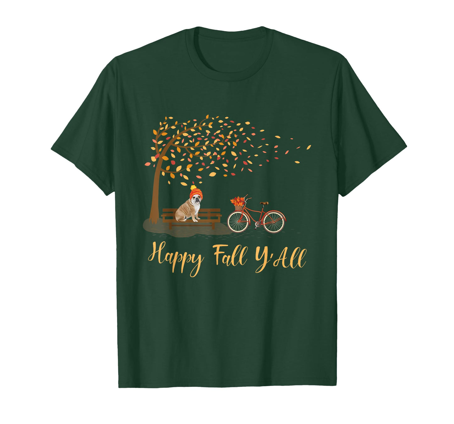 Happy Fall Y'All Funny English Bulldog Autumn Season Bicycle T-Shirt for Men Women Kids