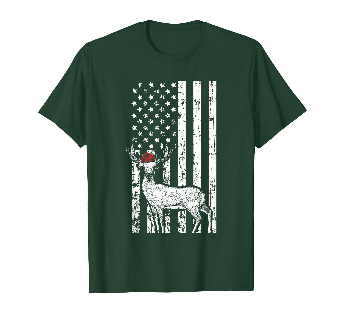 Deer Hunting Elk Santa Hat American Flag Christmas Gifts T-Shirt for Women Kids Men