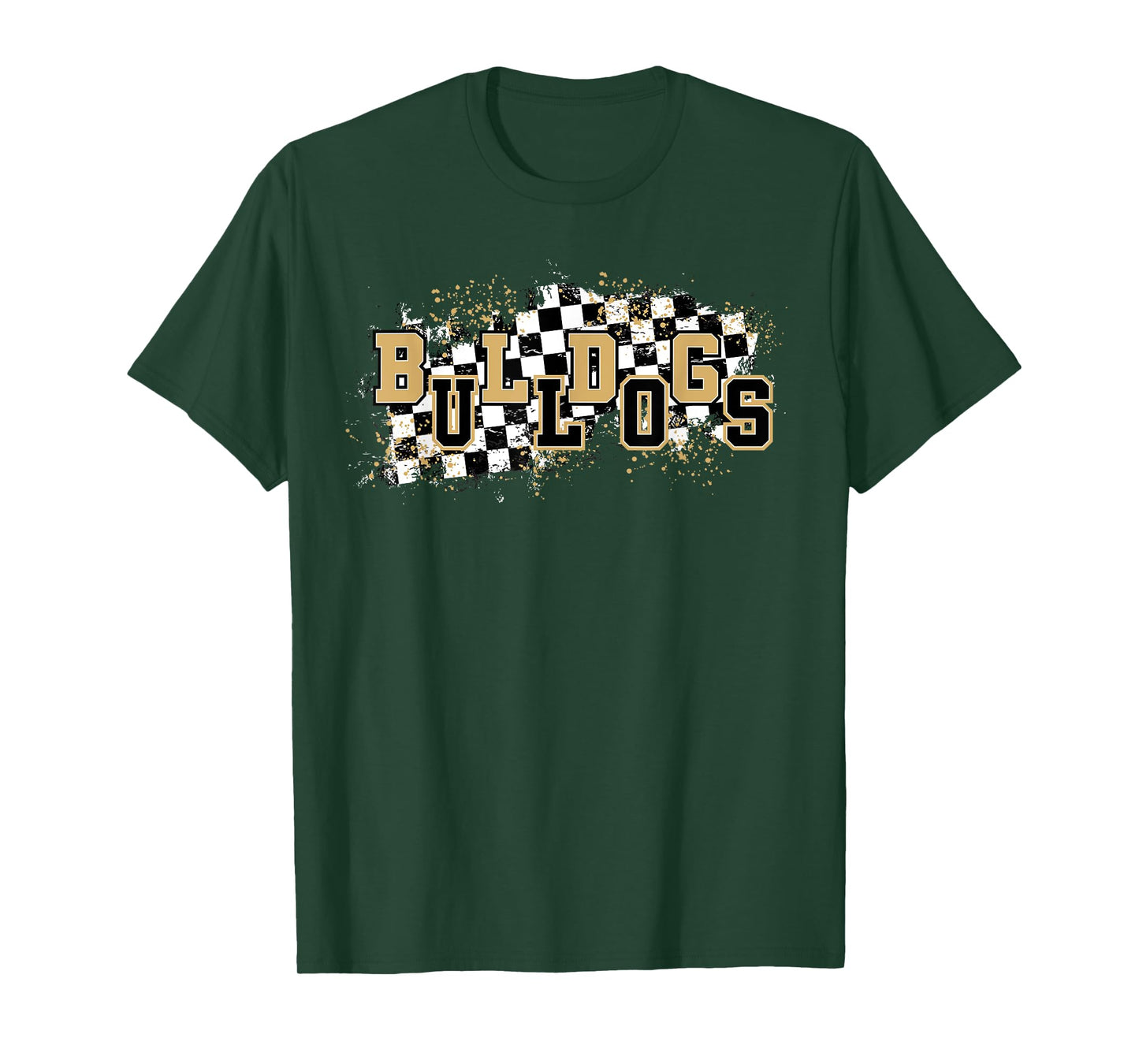 Bulldogs Checkered Print School Spirit Game Day Bulldog Gold T-Shirt