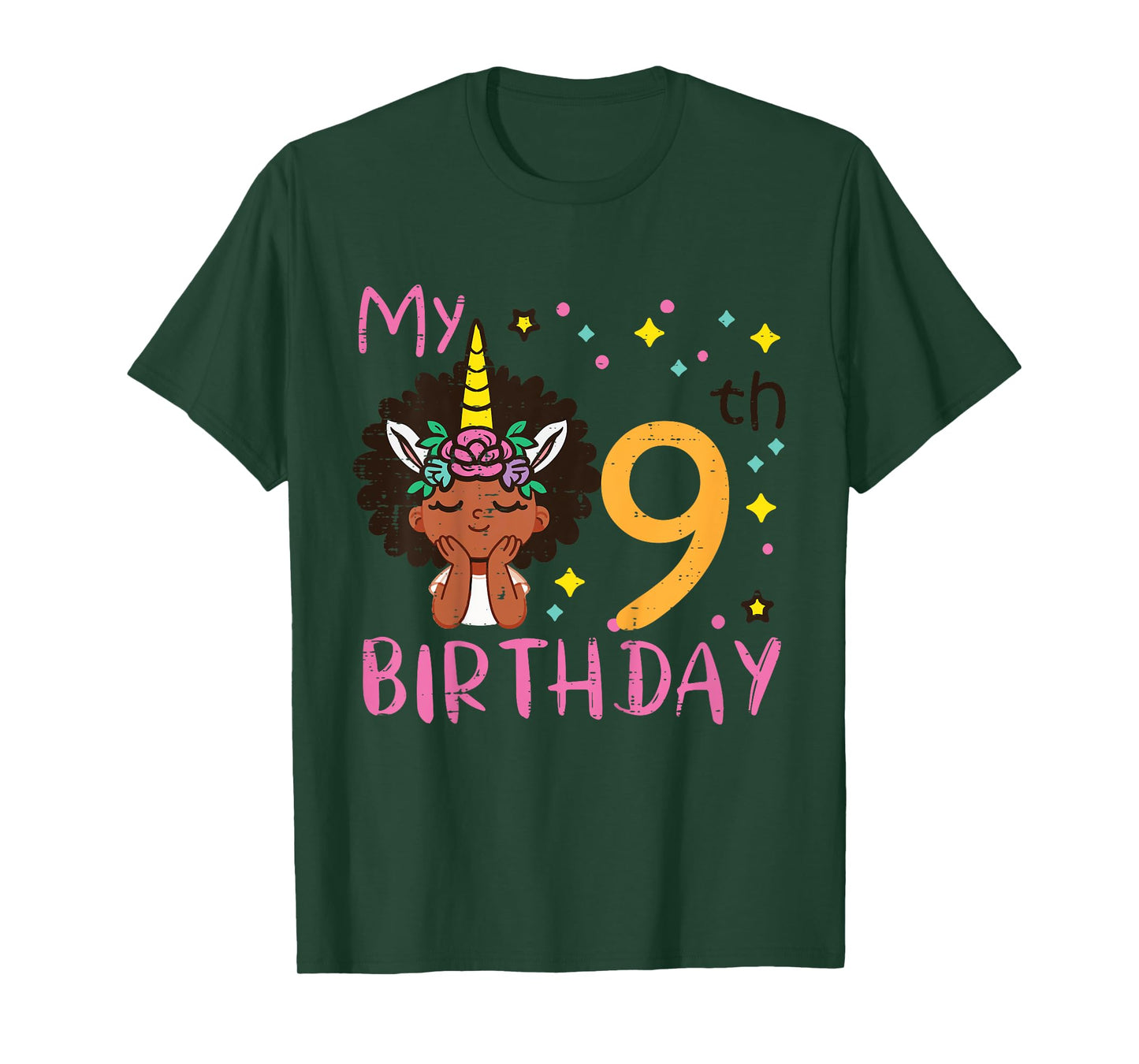 9th Birthday Afro Black Girl Unicorn 9 Year Old Bday Girls T-Shirt