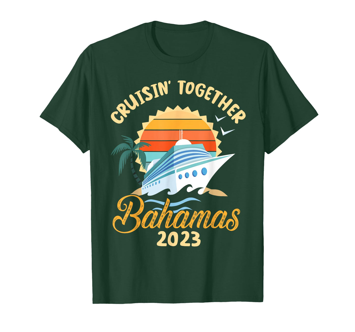 Trees Birds Beach Ship Waves Cruising Together Bahamas 2023 Men Women T-Shirt