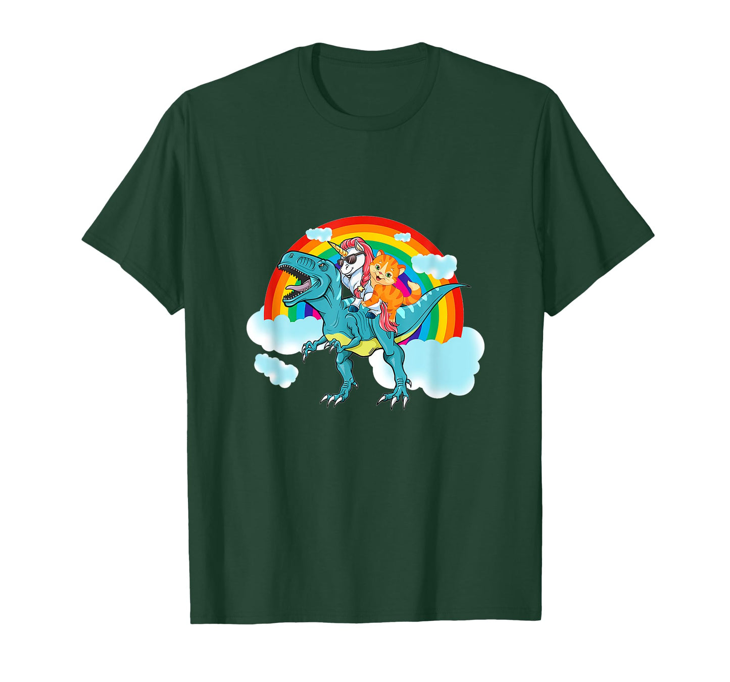 Unicorn Riding Dinosaur Rex Cat Kitten Boys Girls Kids T-Shirt