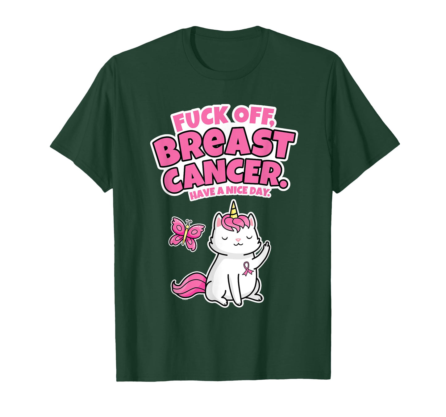 Fuck Off Breast Cancer Unicorn-Cat Butterfly Funny Quote T-Shirt for Men Women