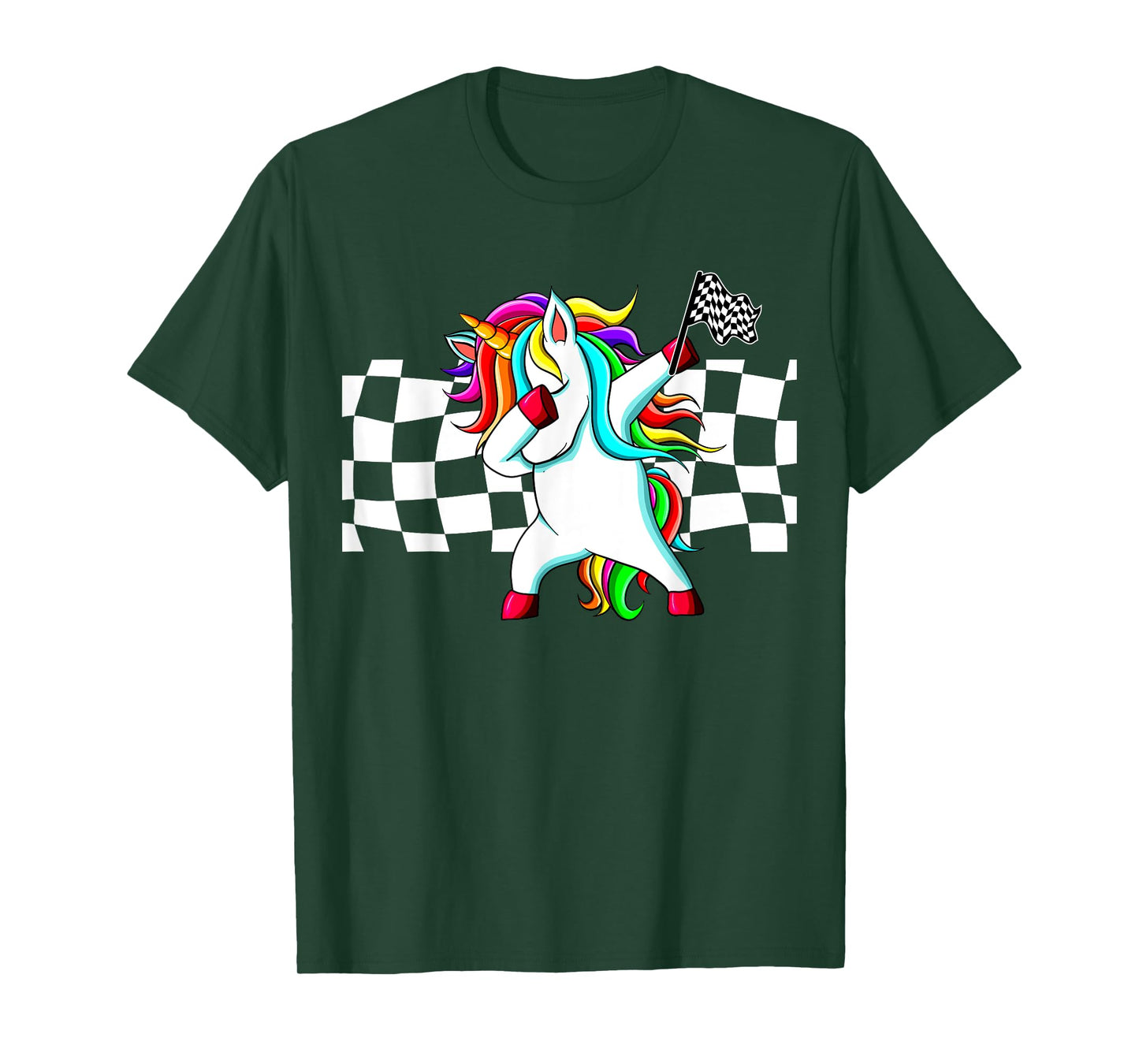 Racecar Racing Checker Flag Dabbing Unicorn Graphic T-Shirt