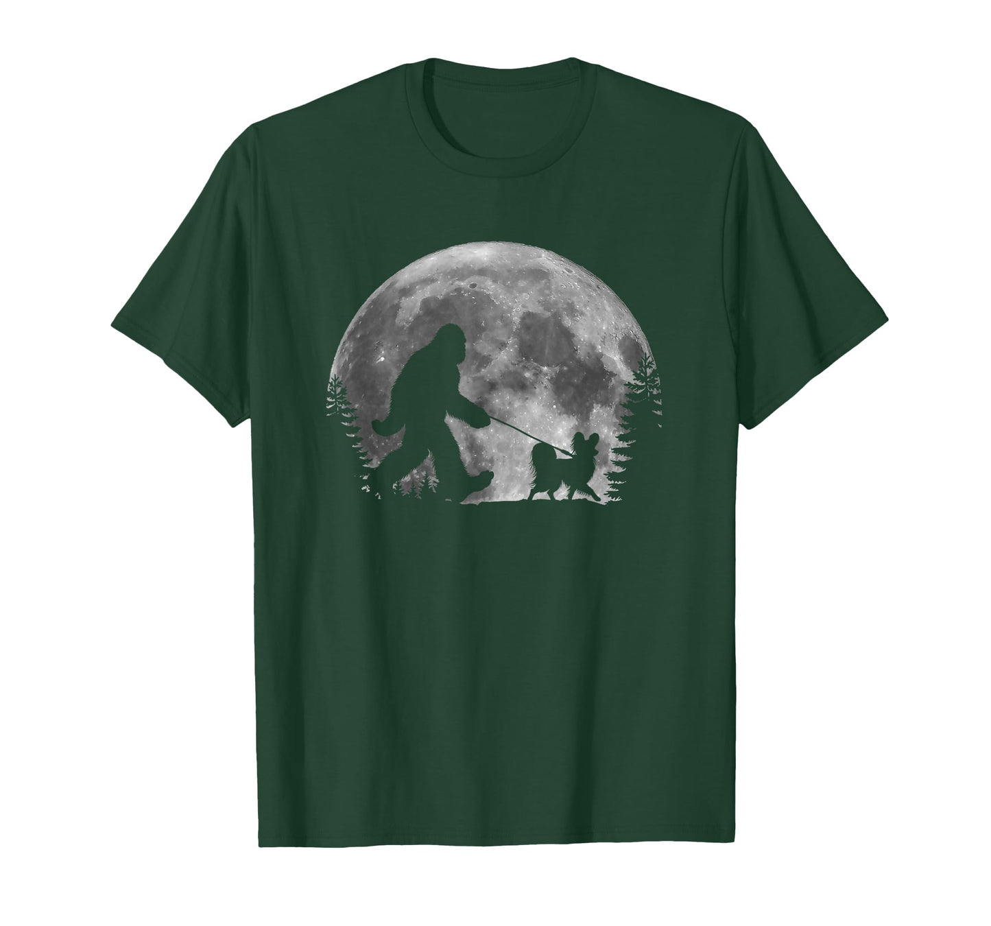 Bigfoot Walking a Dog Funny Papillon Lovers Moon Halloween T-Shirt