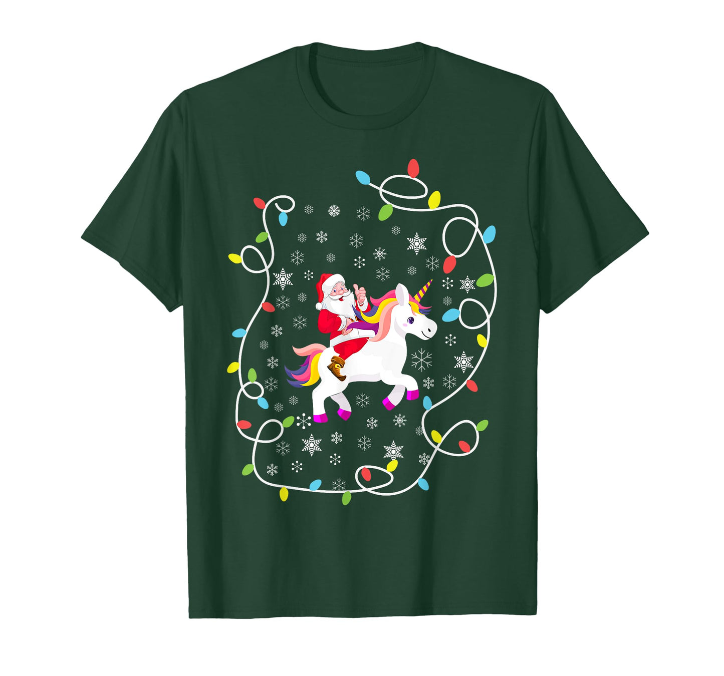 Santa Riding Unicorn Christmas Lights Merry Christmas Tree T-Shirt