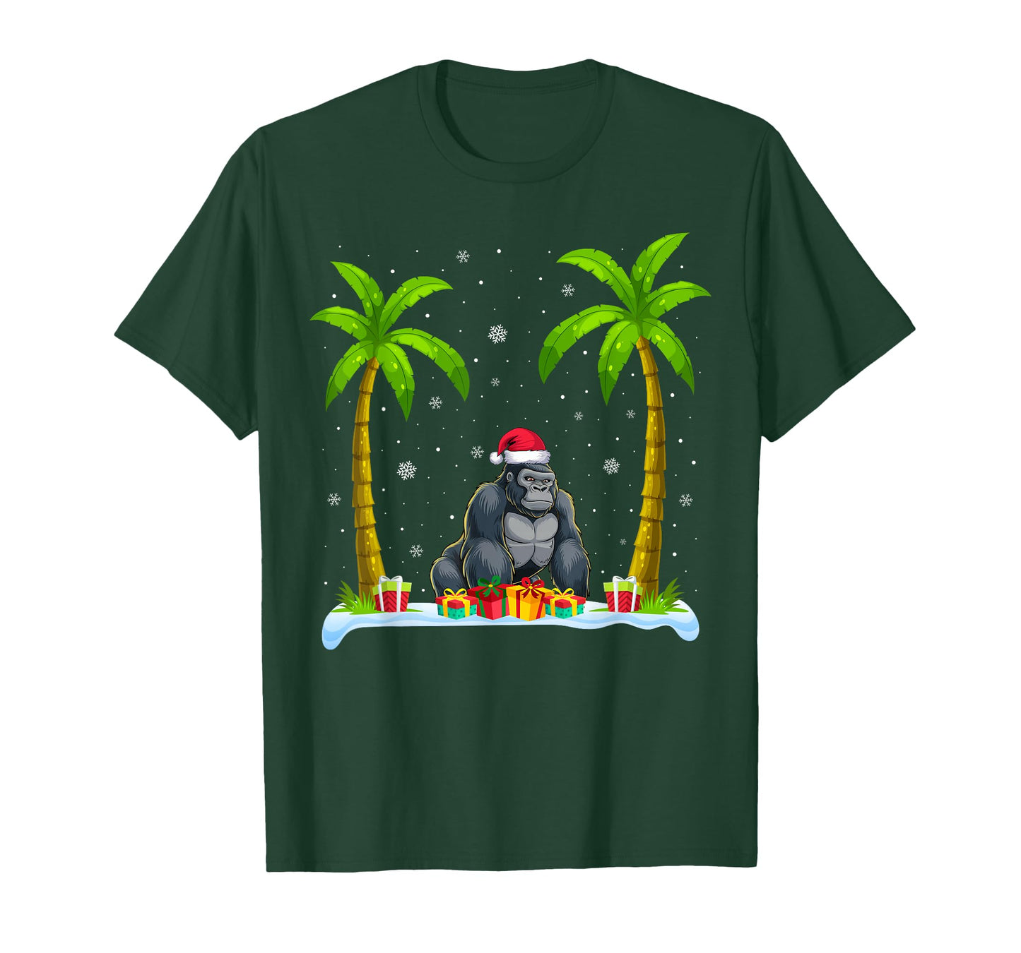 Gorilla Santa Hat Palm Tree Beach Xmas Pajama T-Shirt