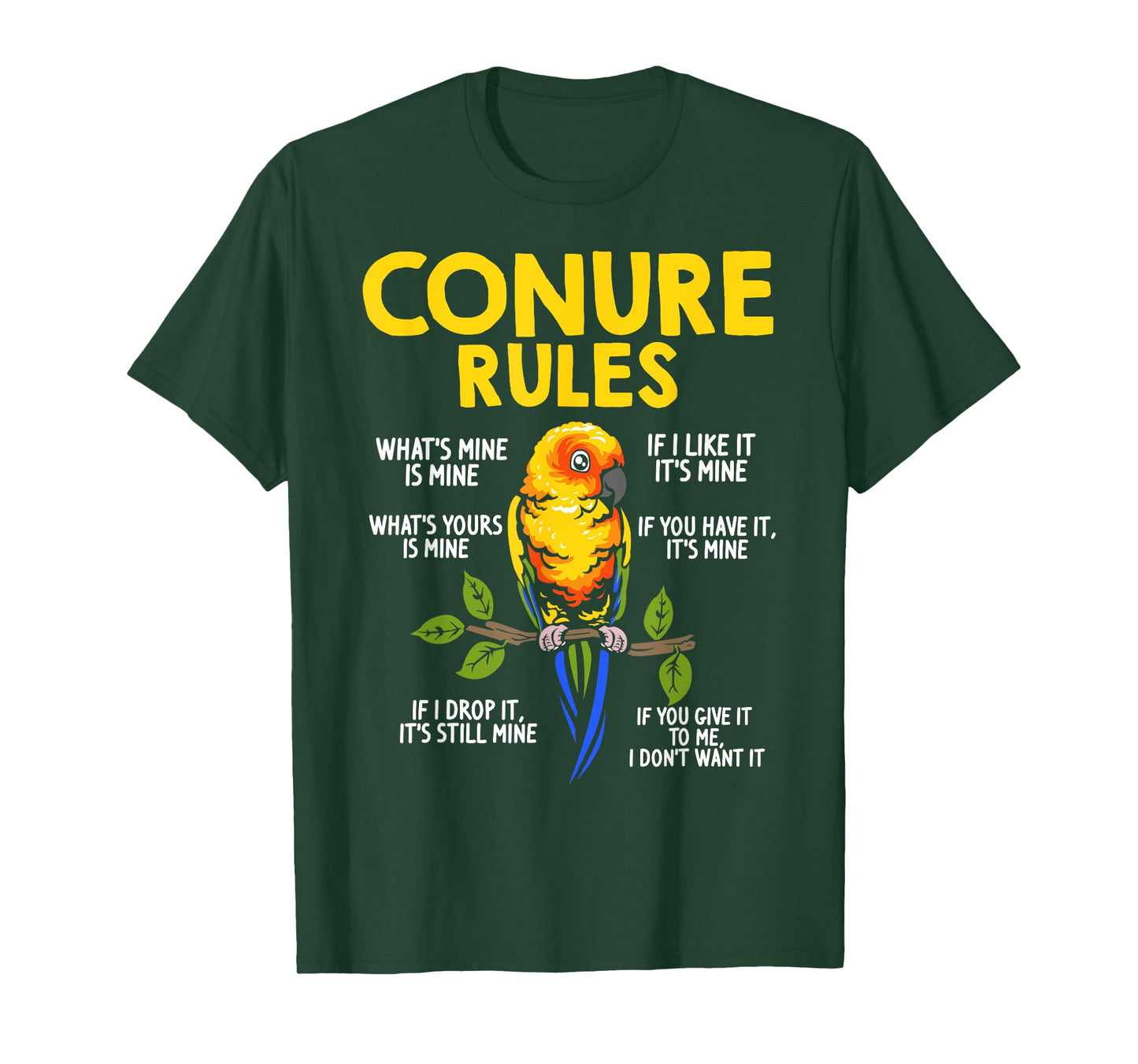 Conure Rules Sun Conure Bird Lover Parrot Design Black T-Shirt for Men & Sun Conure Owners, Small, Short Sleeve, Mandarin Collar, Tropical, Cotton 65% Polyester 35%