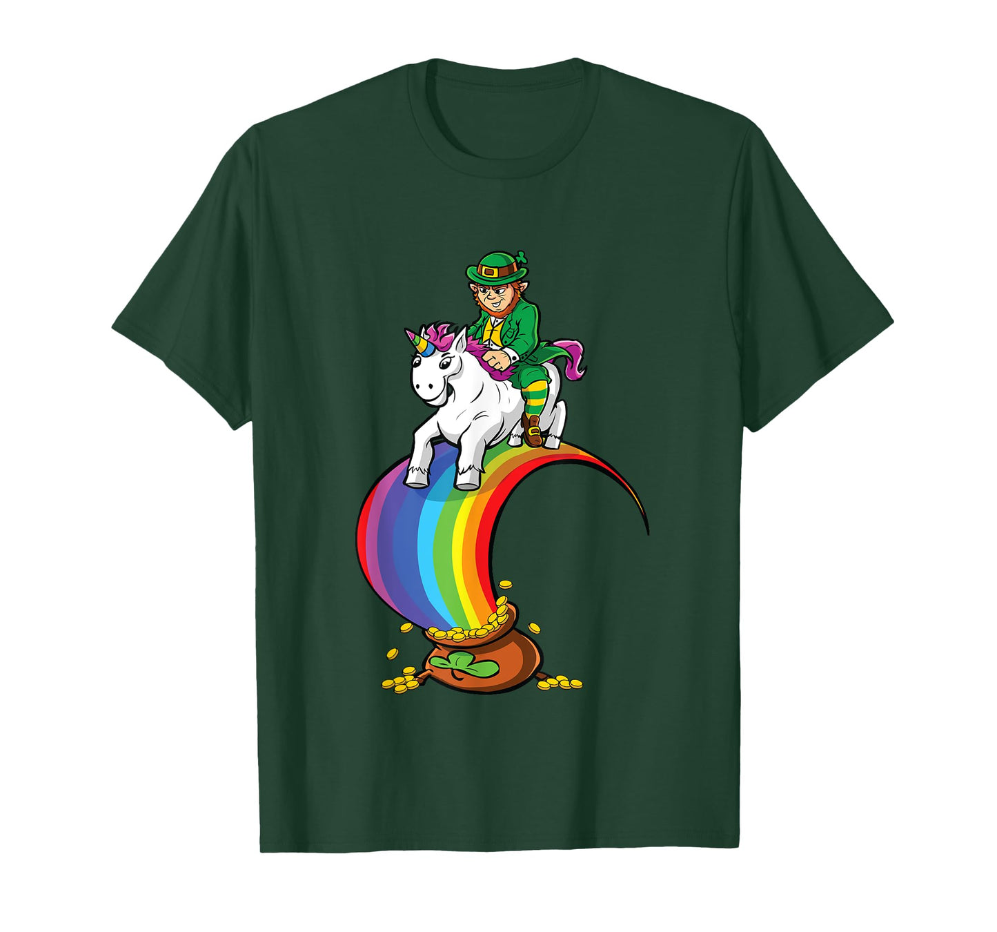 Leprechaun Riding Unicorn Over Rainbow & Pot of Gold T-Shirt