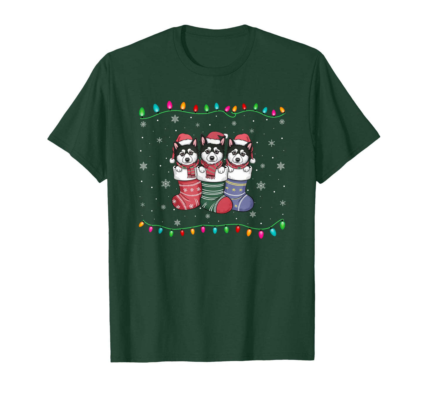 Xmas Tree Lights Alaskan Klee Kai Dog in Christmas Socks T-Shirt