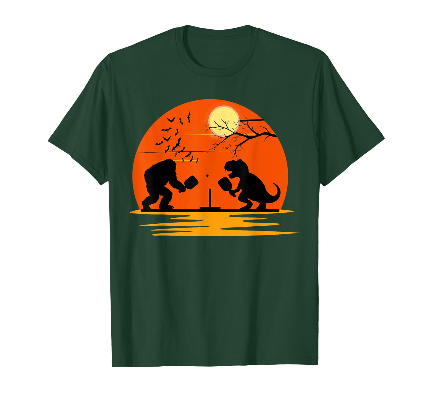 Bigfoot and T-Rex Playing Pickleball Halloween Sunset T-Shirt