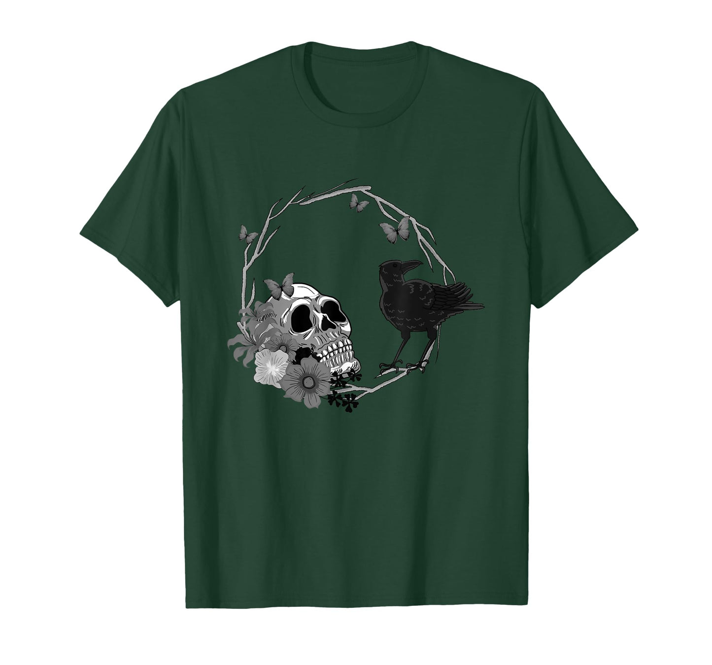 Floral Skull Death Crow Cool Scary Halloween Gothic Theme T-Shirt