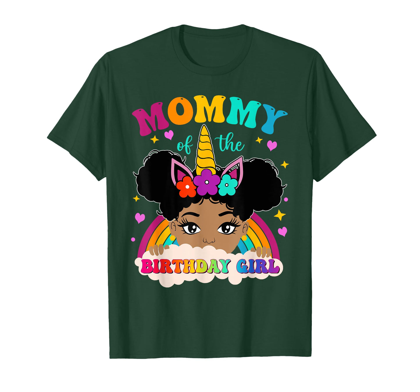 Mommy of The Birthday Girl Rainbow Afro Melanin Unicorn T-Shirt