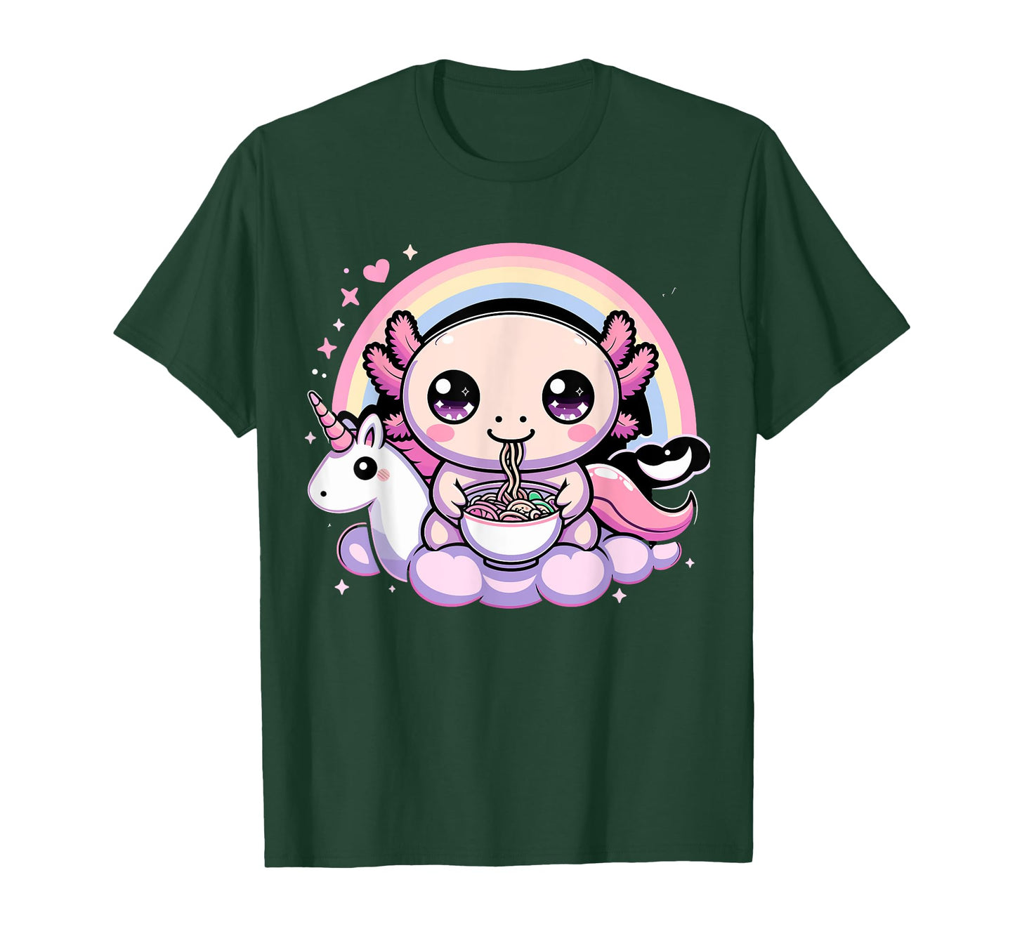Axolotl eating Ramen with Unicorn T-Shirt
