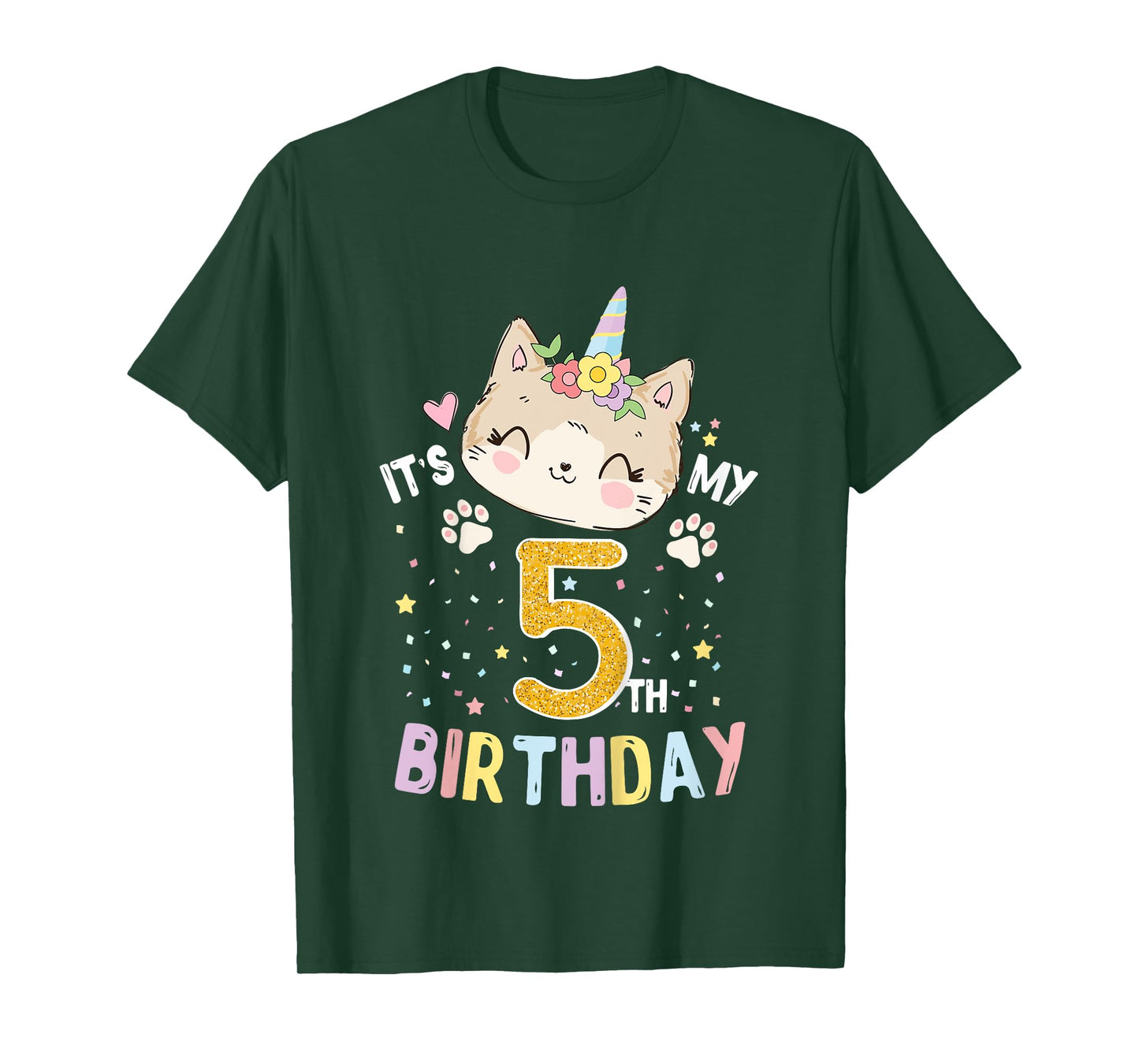 Kids It’s My 5th Birthday Cute Unicorn Cat 5-Year-Old Girl T-Shirt