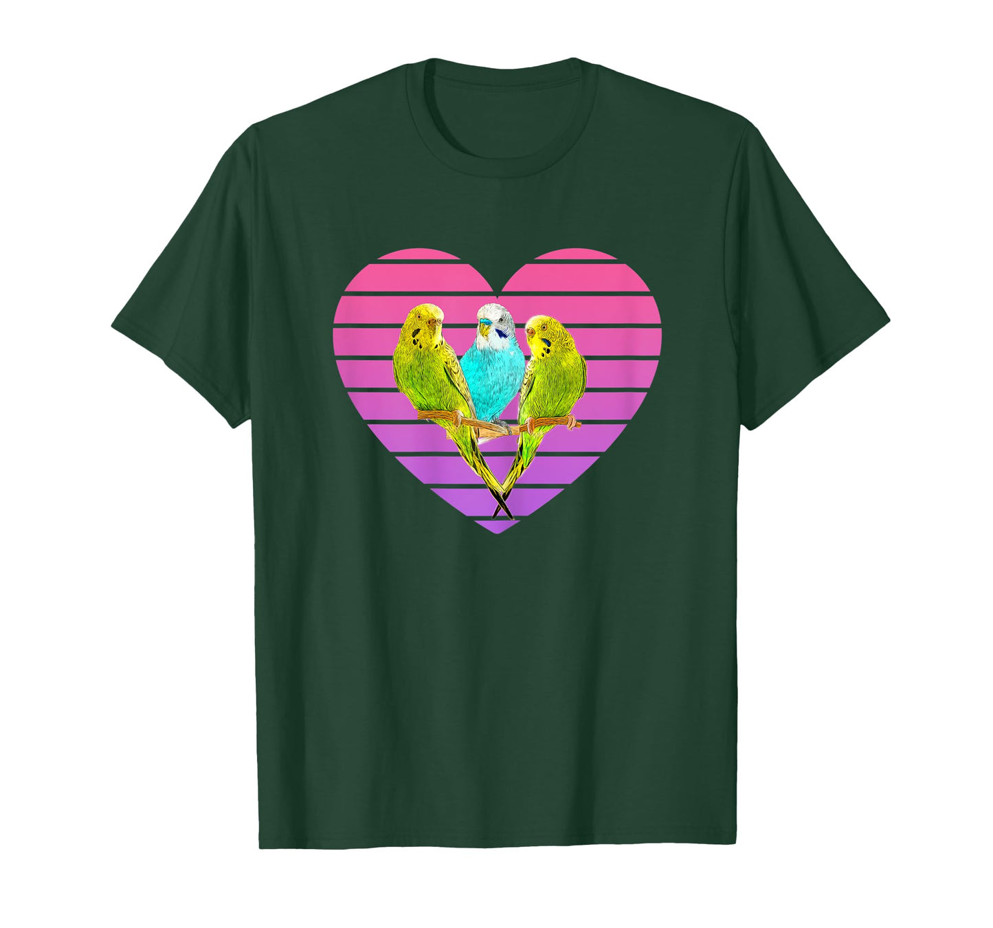 Three Parakeets Inside a Retro Sunset Style Heart T-Shirt