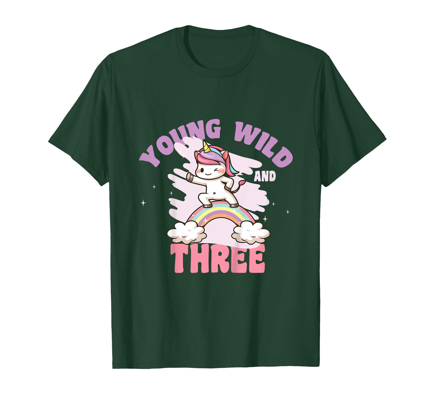 Young Wild & Three - Funny 3rd Birthday Kids Unicorn Girls T-Shirt