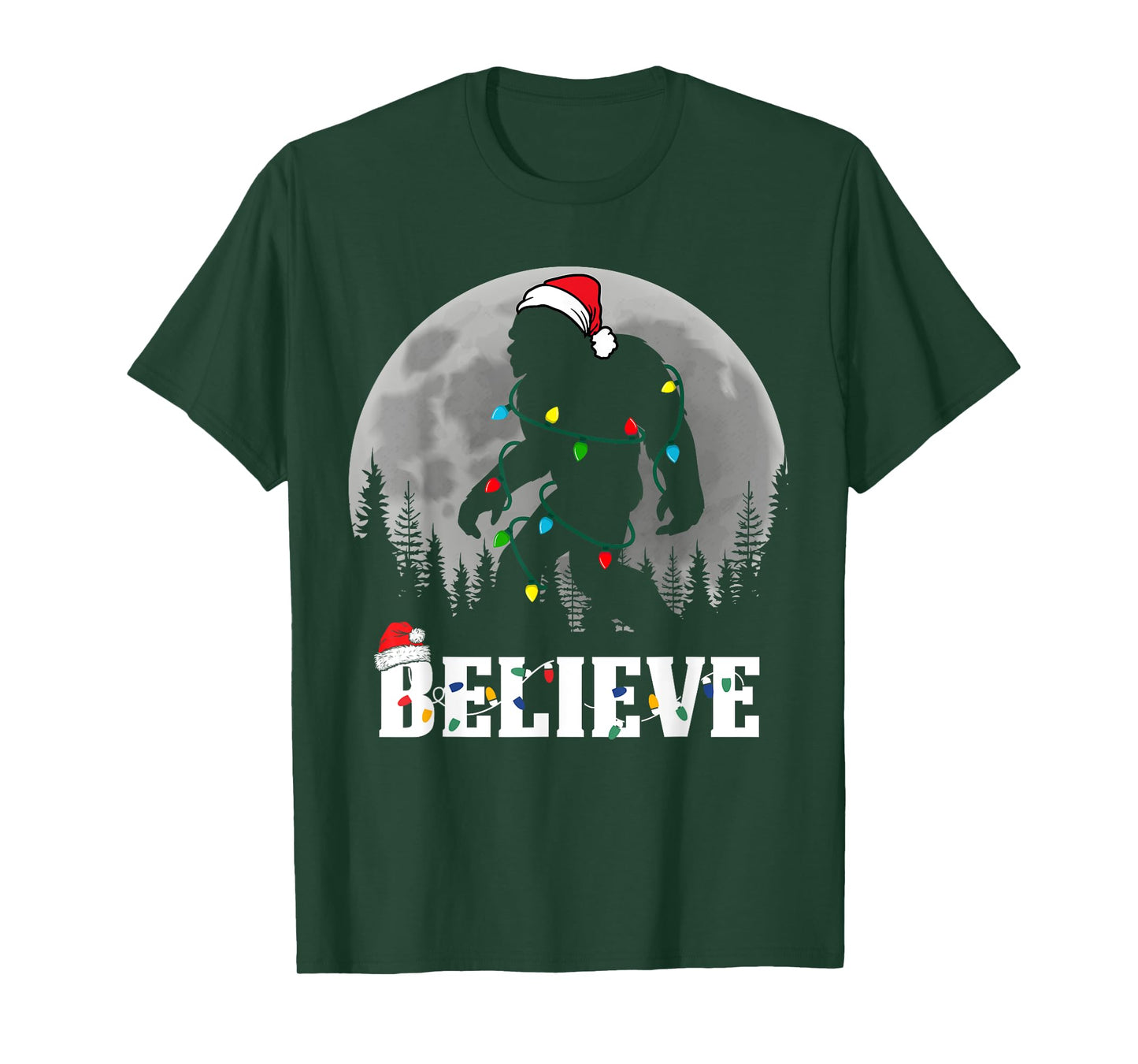 Santa Bigfoot Christmas Lights Funny Sasquatch Believe Xmas T-Shirt