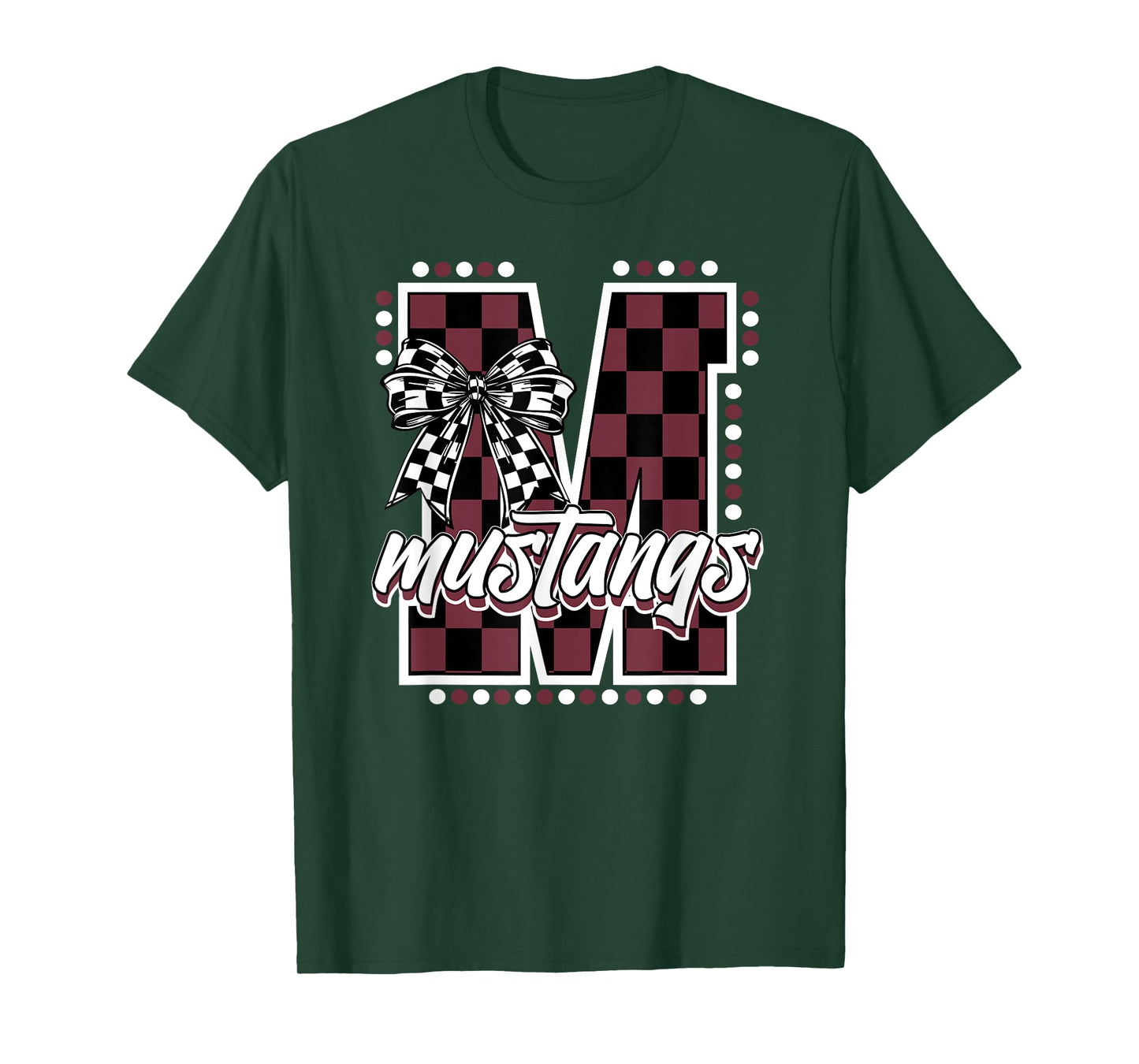 Mustangs Maroon Checkered Print Mustang Pride School Spirit T-Shirt