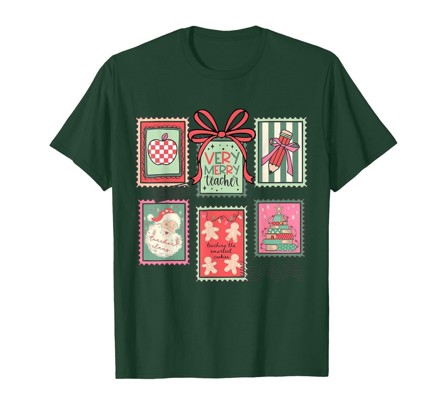 Vintage Preppy Very Merry Teacher Santa Stamps Christmas T-Shirt