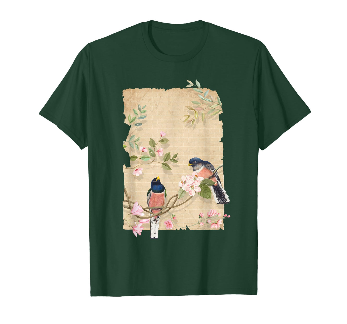 Bird and Flowers Art Japanese Woodblock Inspired Birds T-Shirt