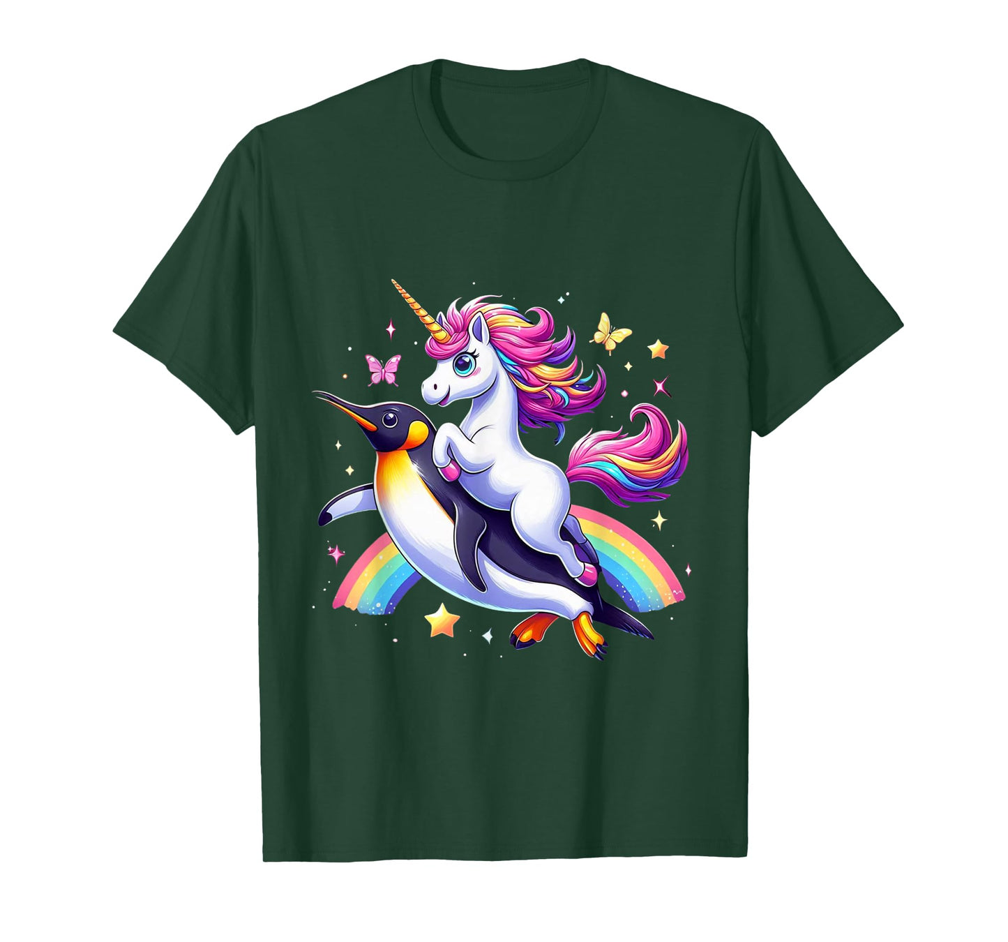 Unicorn Riding Penguin Boys Girls Men Women Kids Rainbow T-Shirt