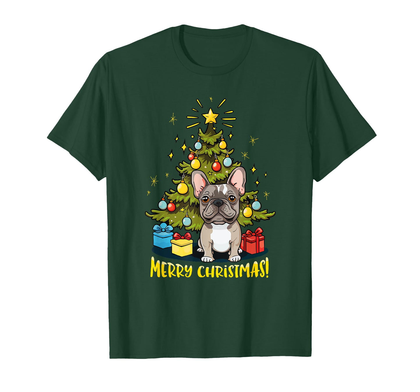 Funny French Bulldog With Christmas Tree - Merry Christmas T-Shirt