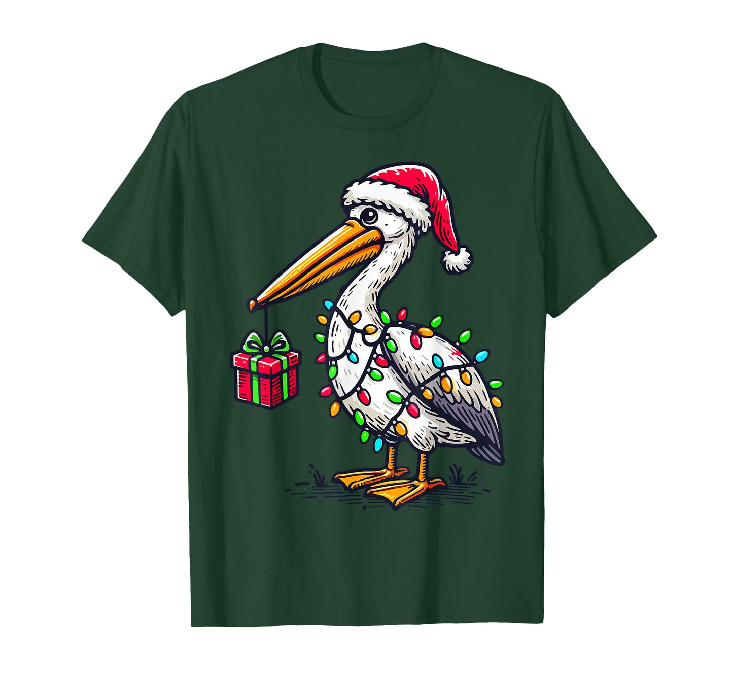 Pelican Bird Wearing Santa Hat, Holding A Present Box Xmas T-Shirt