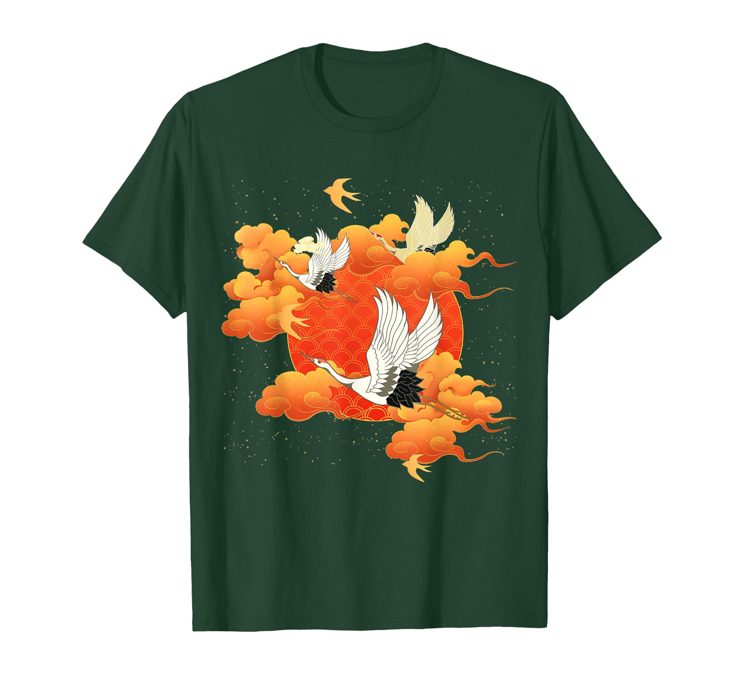 Flying Crane Bird Red Clouds and Sun Japanese Chinese Art T-Shirt