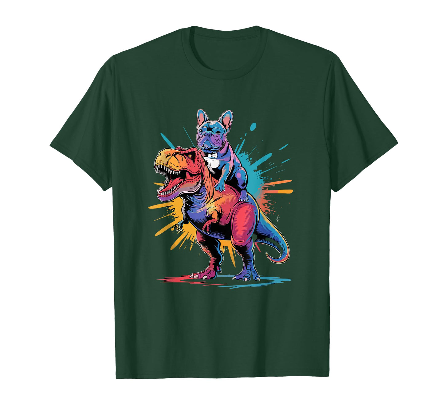 French Bulldog Riding Dinosaur Art Fun T-Shirt