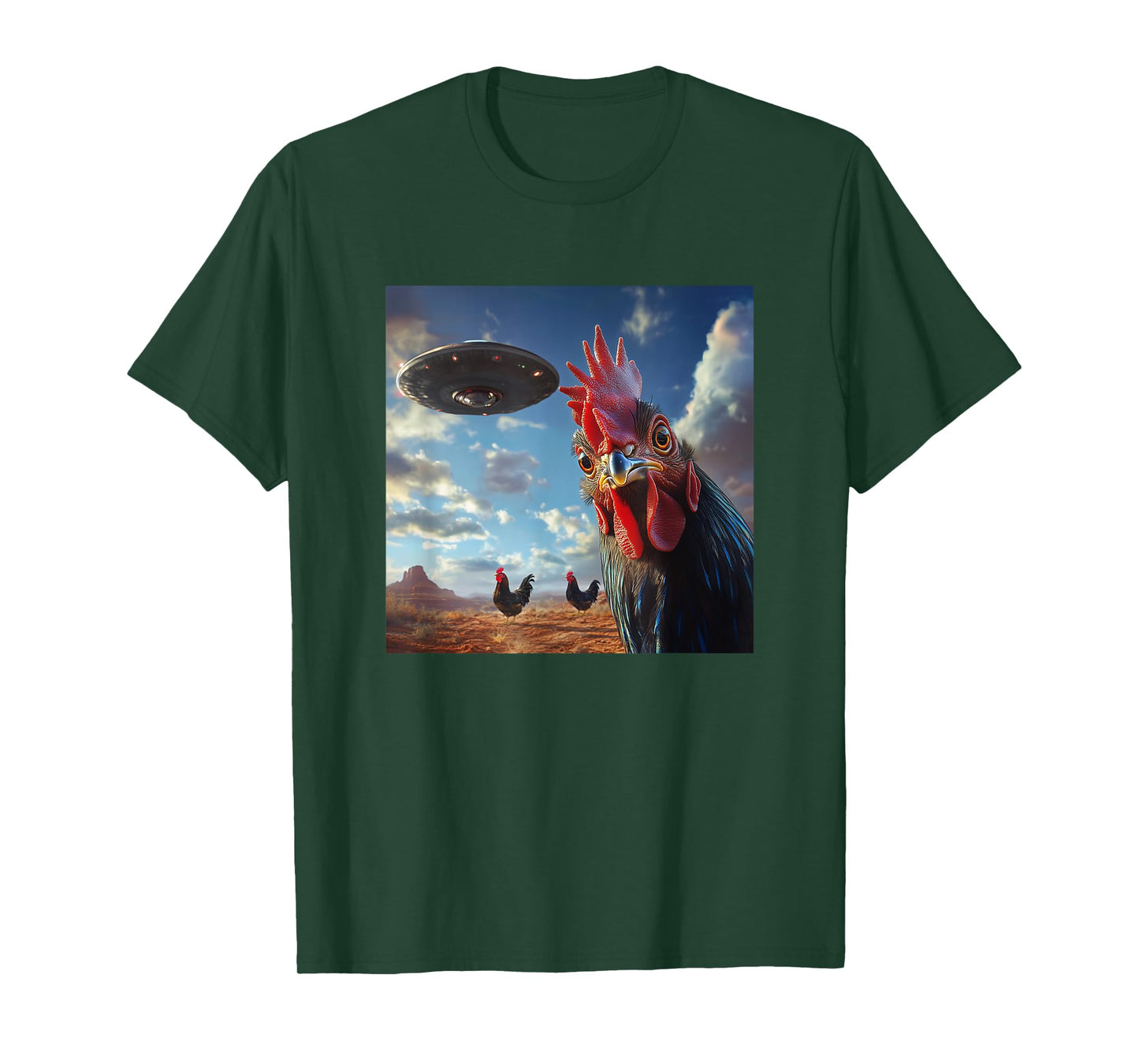 Chicken Hum Selfie with UFOs Weird Print Graphic Space Funny T-Shirt