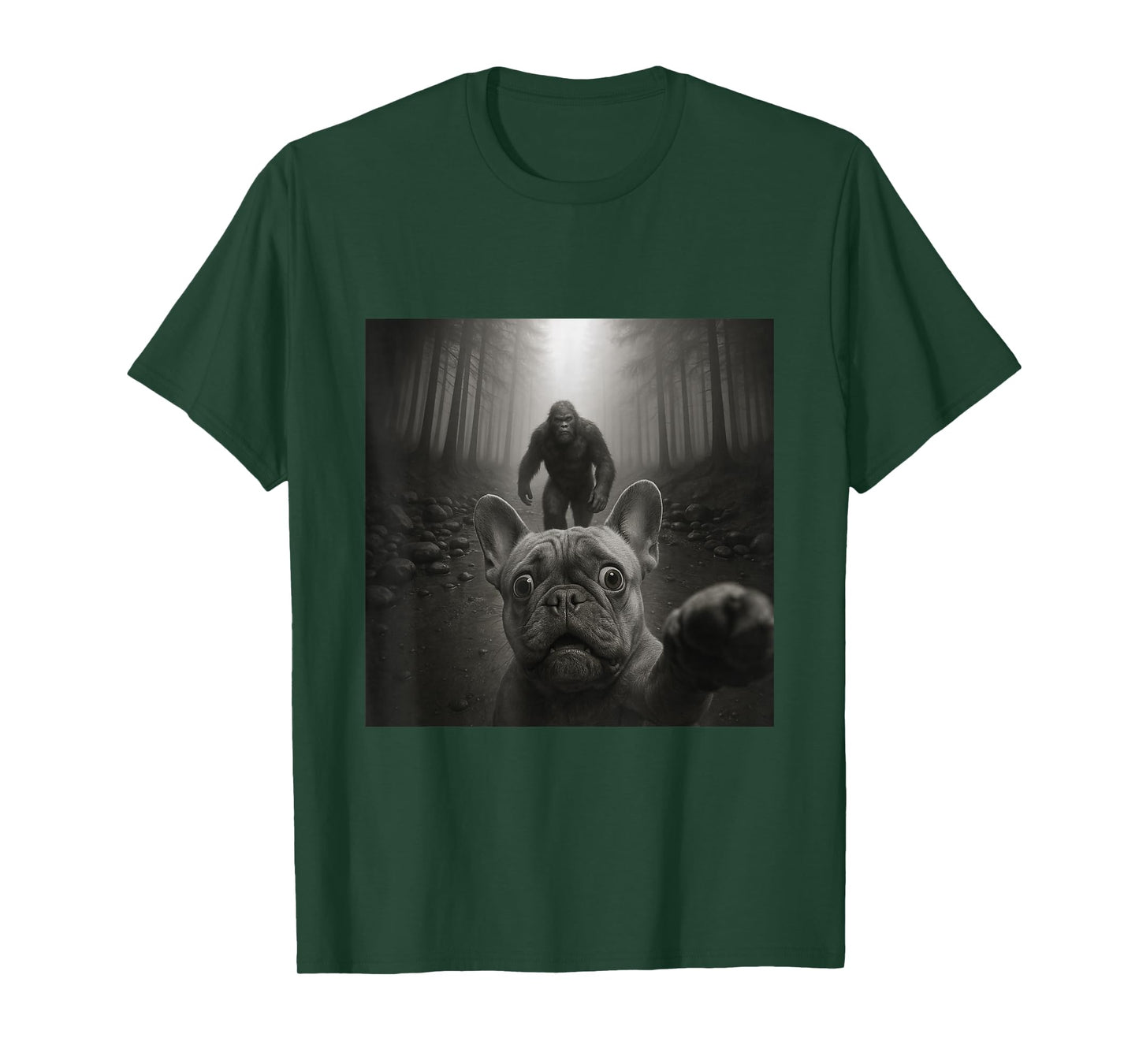 Funny Surprised Scared French Bulldog Selfie with Bigfoot T-Shirt