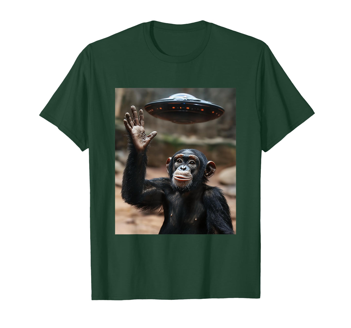 Chimpanzee Monkey Selfie with UFOs Aliens Funny Graphic T-Shirt
