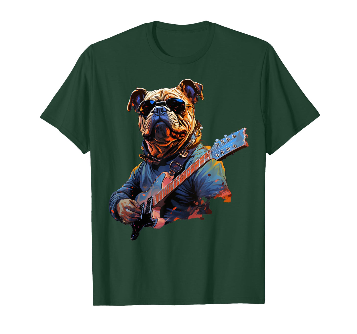 Funny Rock English Bulldog Playing Guitar T-Shirt