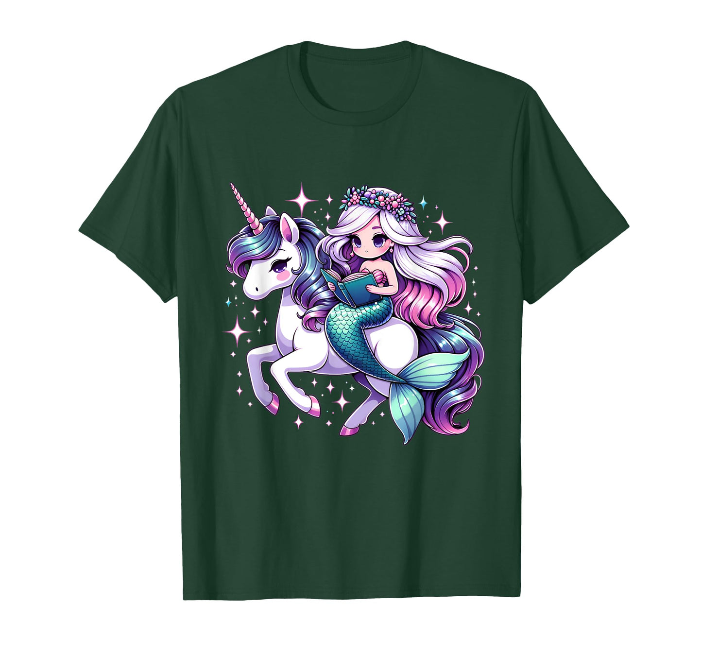 Unicorn kisses Mermaid wishes | reading books Birthday Girl T-Shirt