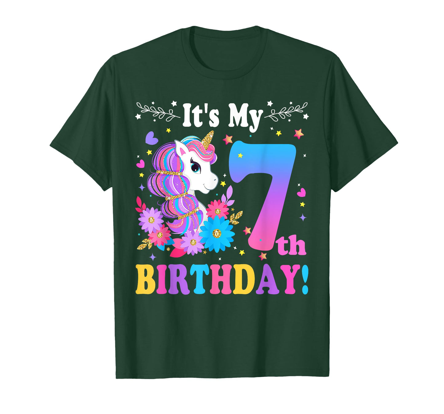 7 Year Old Its My 7th Birthday Cute Unicorn Kids Girls Teens T-Shirt