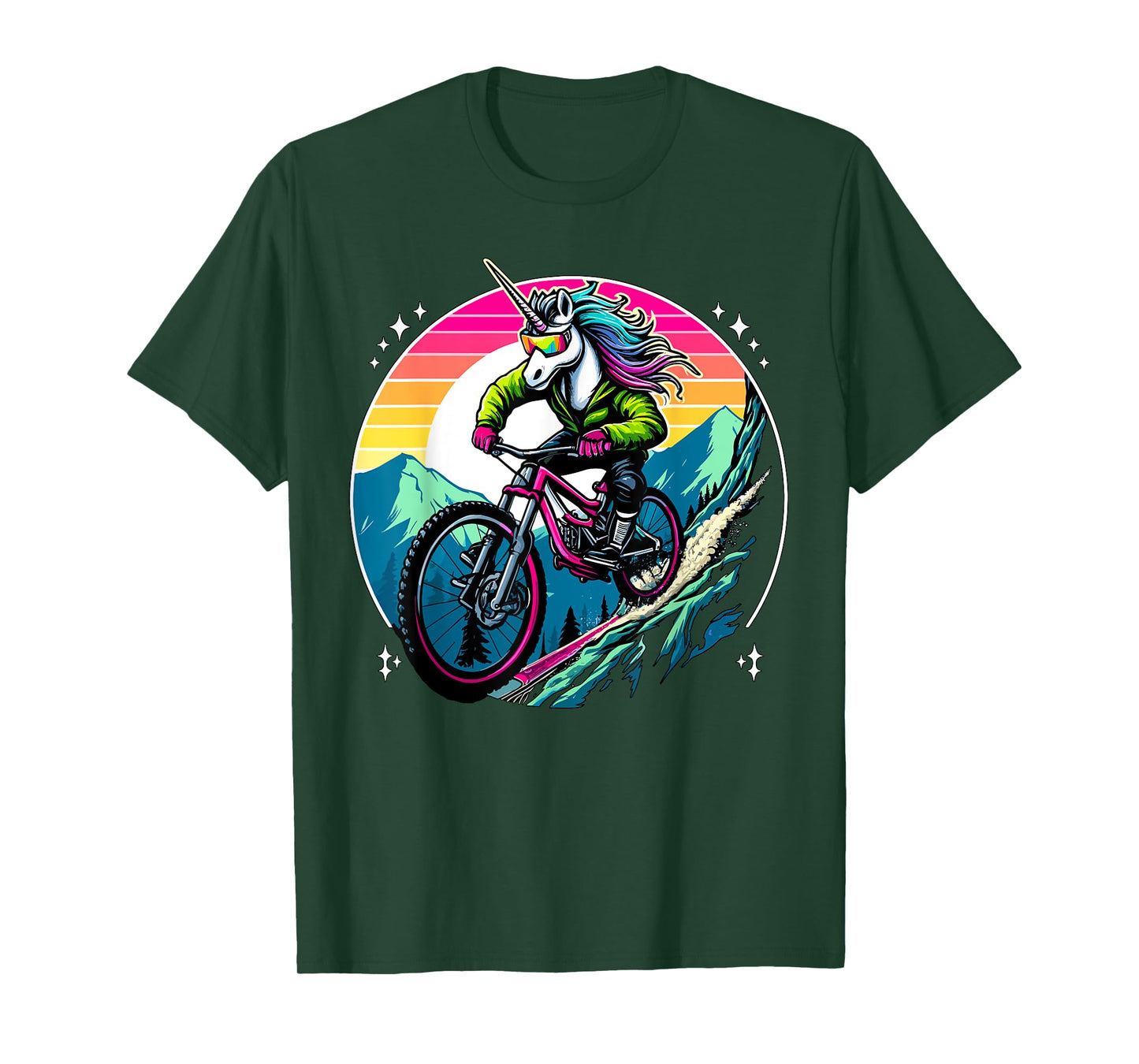 Unicorn Mountain Bike Adventure Fantasy Colorful Sunset T-Shirt