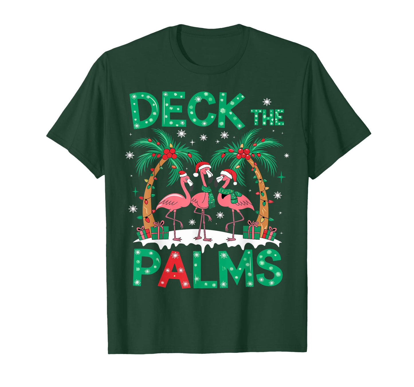 Deck the Palms Flamingo Tropical Christmas Lights Palm Tree T-Shirt