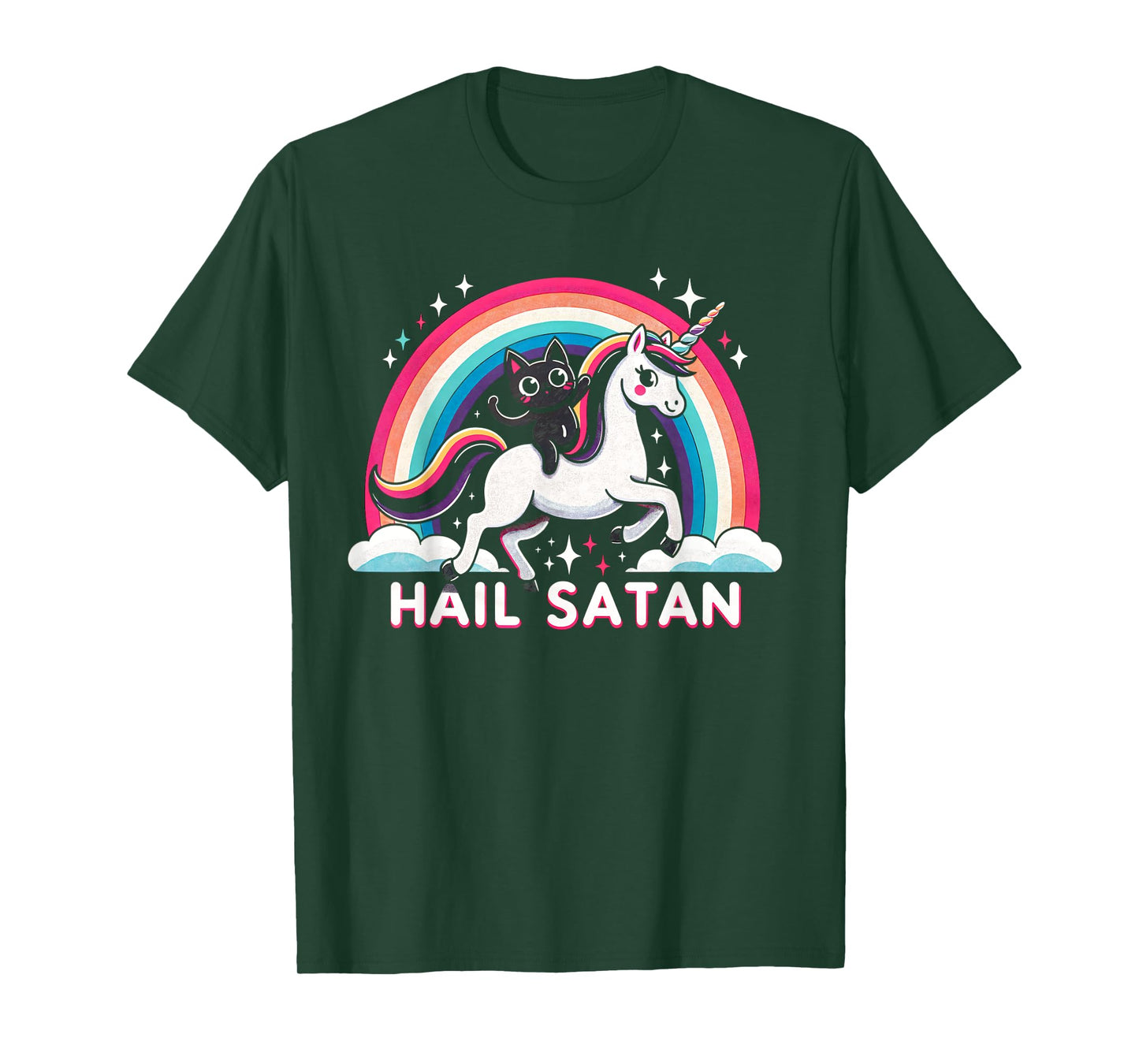 Cute Satanic Cat Riding A Unicorn Over A Rainbow Hail Satan Men Women Kids T-Shirt