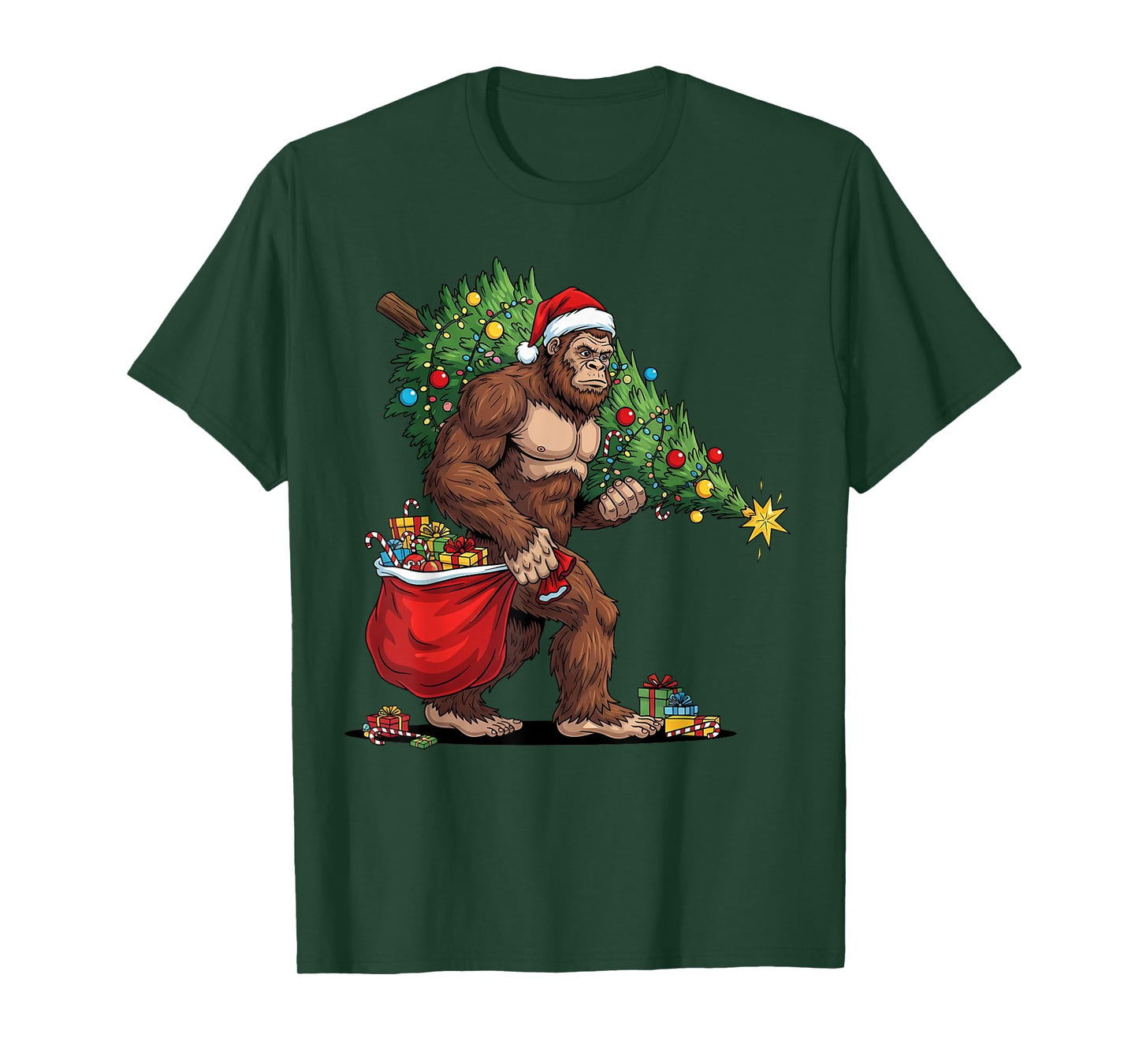 Christmas Bigfoot with Christmas Tree Lights Xmas Boys Men T-Shirt