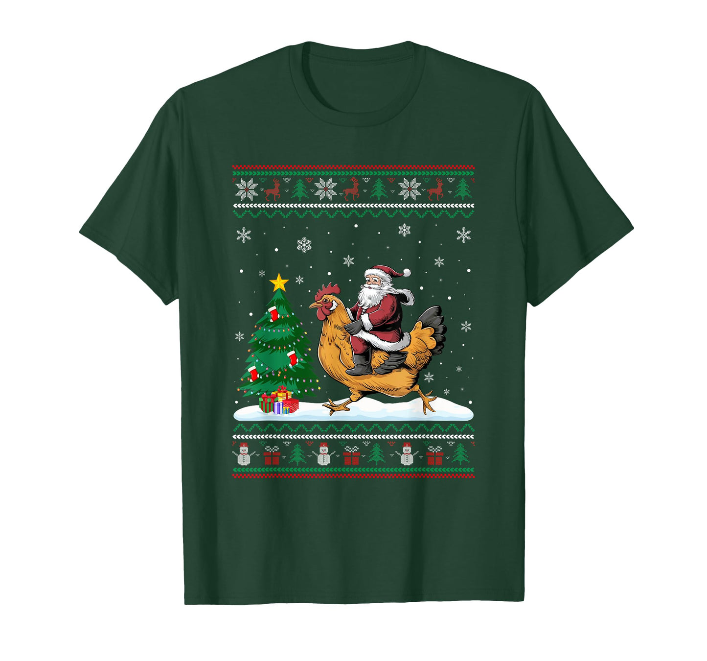 Ugly Christmas Tree Lights Xmas Santa Riding Chicken T-Shirt