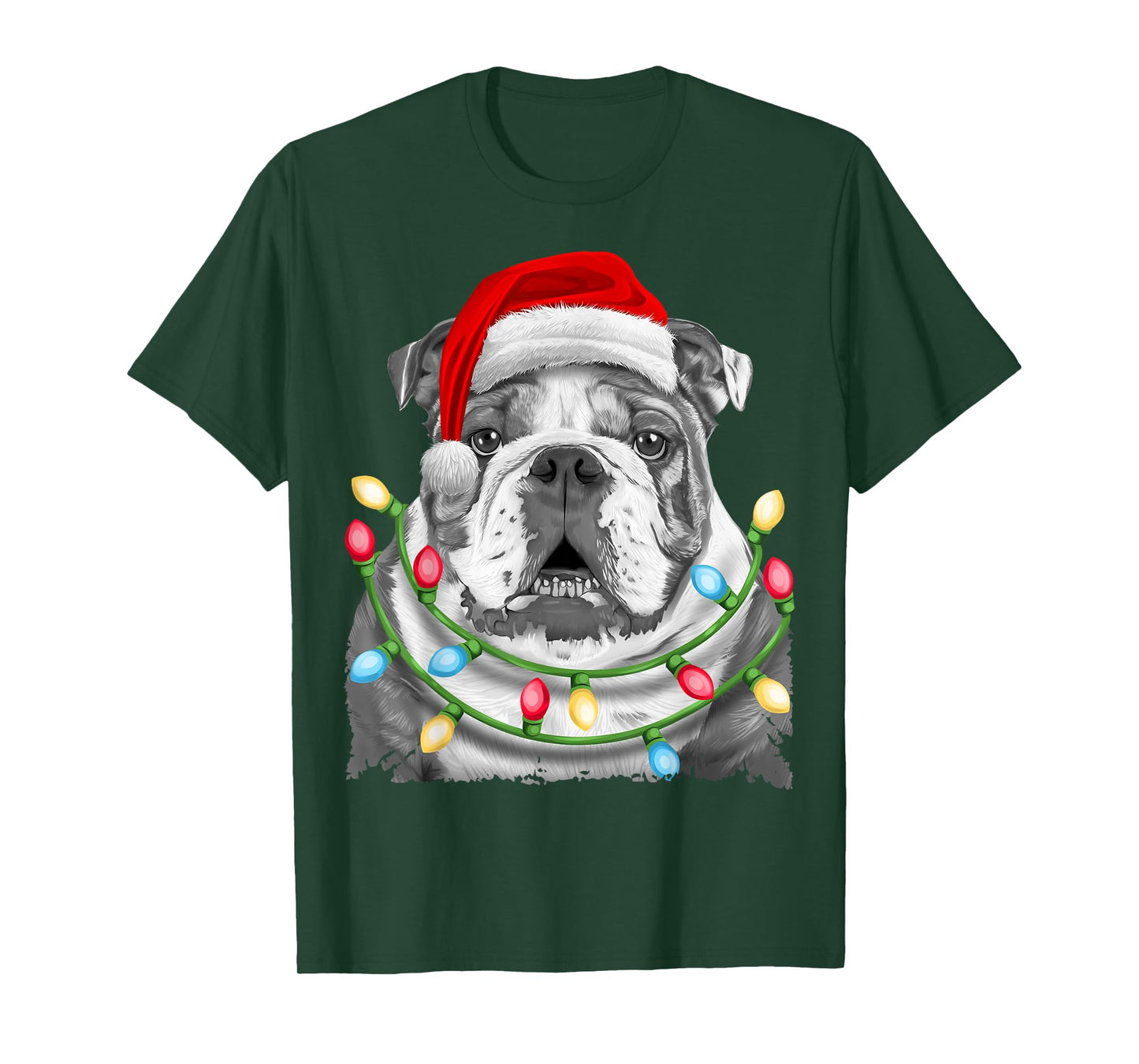 English Bulldog Santa Christmas Tree Lights Xmas Boys Dog T-Shirt