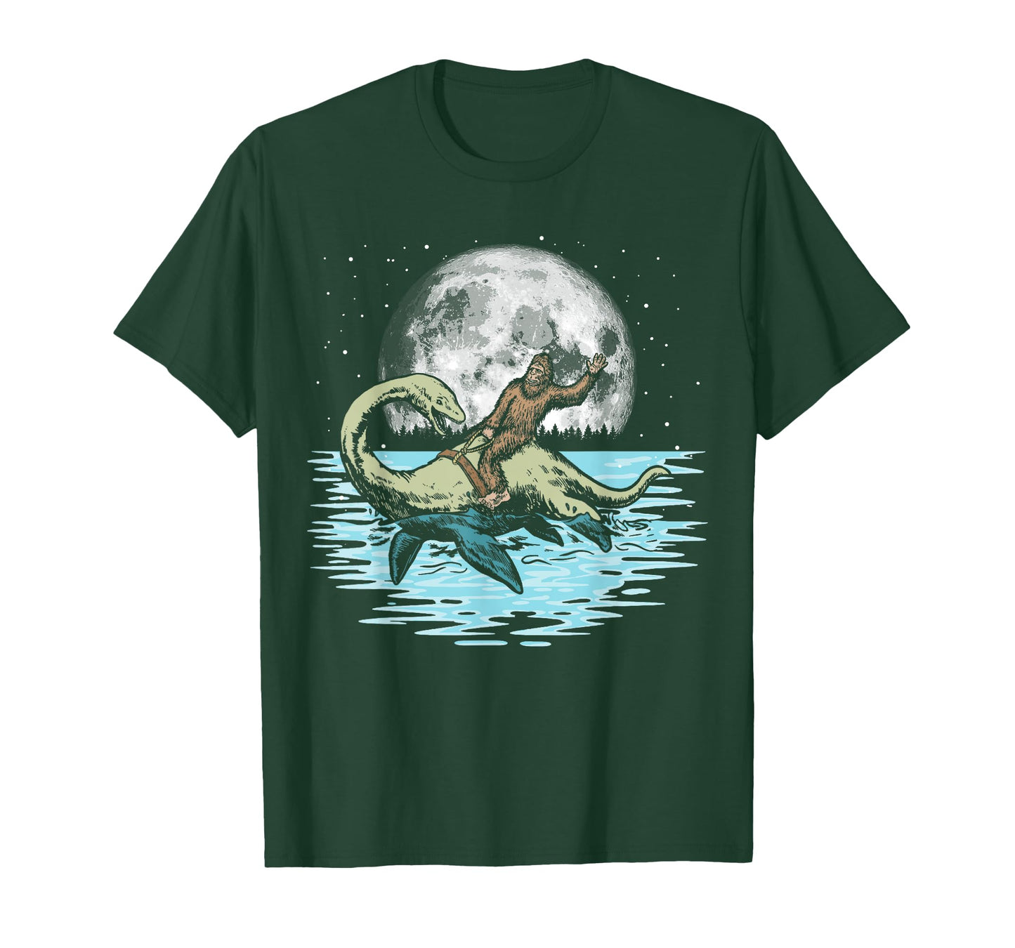 Funny Bigfoot Riding Nessie Loch Ness Monster & Full Moon T-Shirt