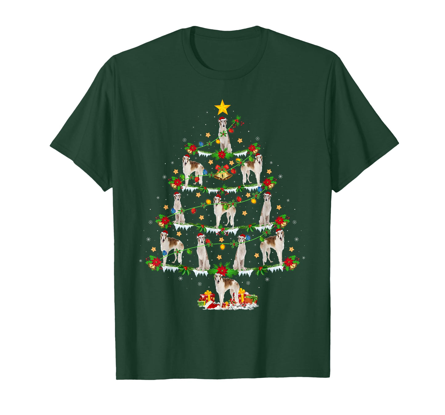 Borzoi Dog Xmas Lights Santa Borzoi Christmas Tree T-Shirt for Men Women Kids