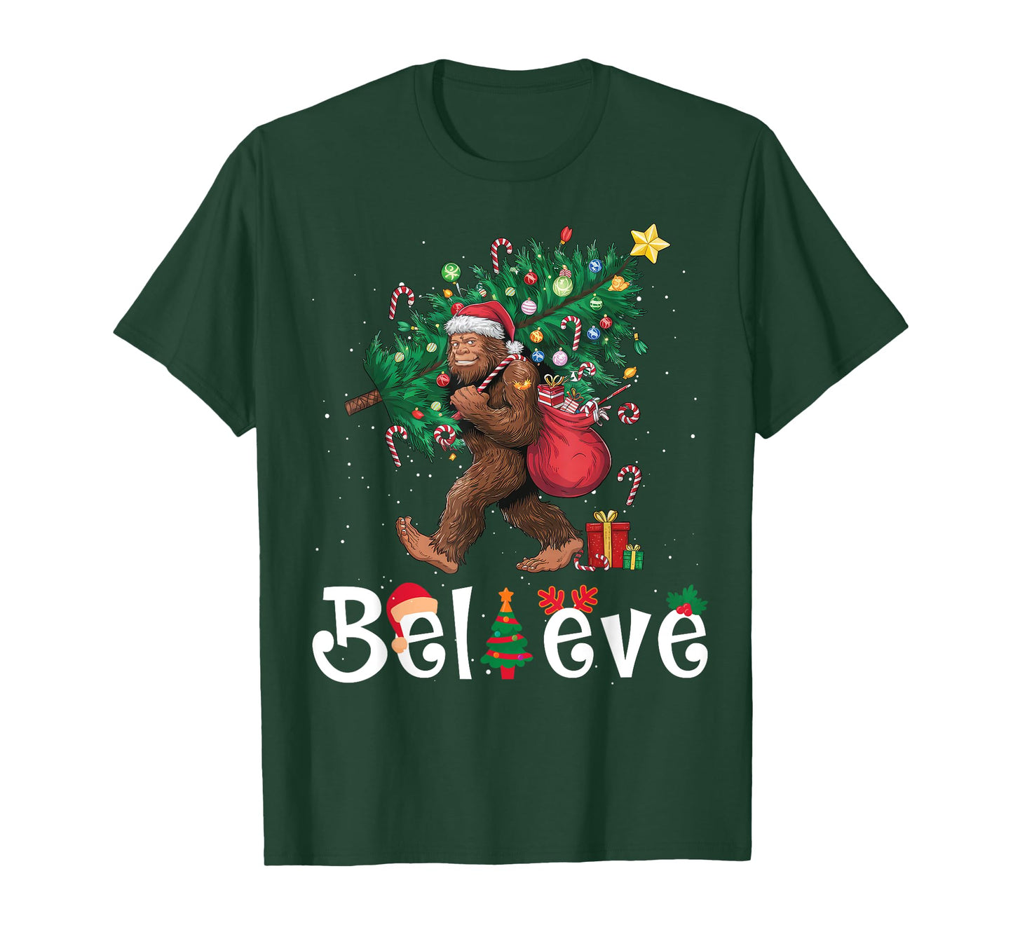 Santa Bigfoot Christmas Tree Lights Sasquatch Believe Xmas T-Shirt
