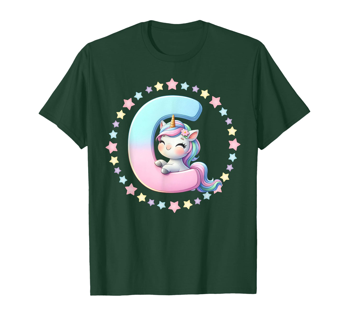 Unicorn Letter C Initial Rainbow Monogram Girls Kids T-Shirt