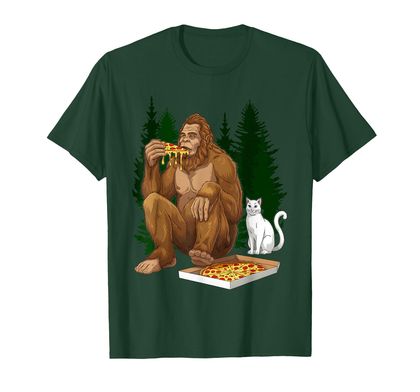 Funny Bigfoot Sasquatch Pet Cat Eating Pizza Adventures T-Shirt