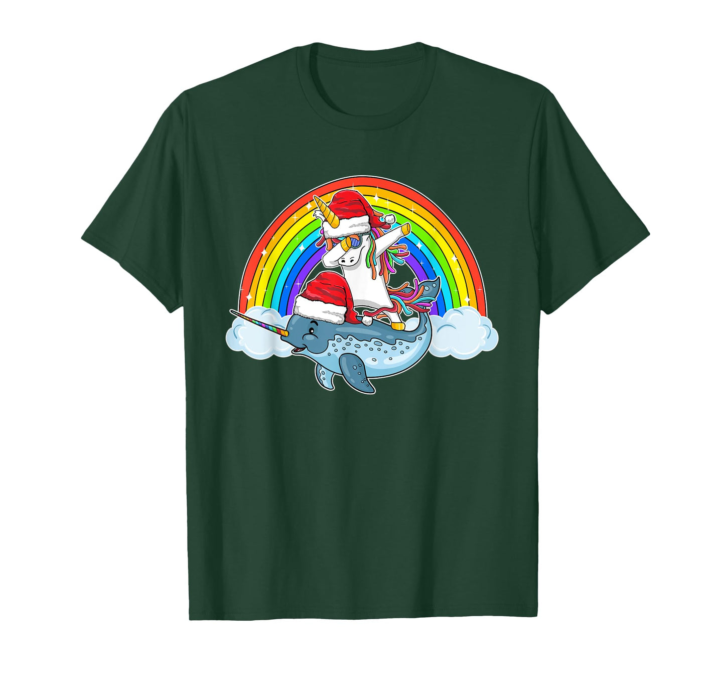 Dabbing Unicorn Riding Narwhal With Santa Hat Christmas T-Shirt
